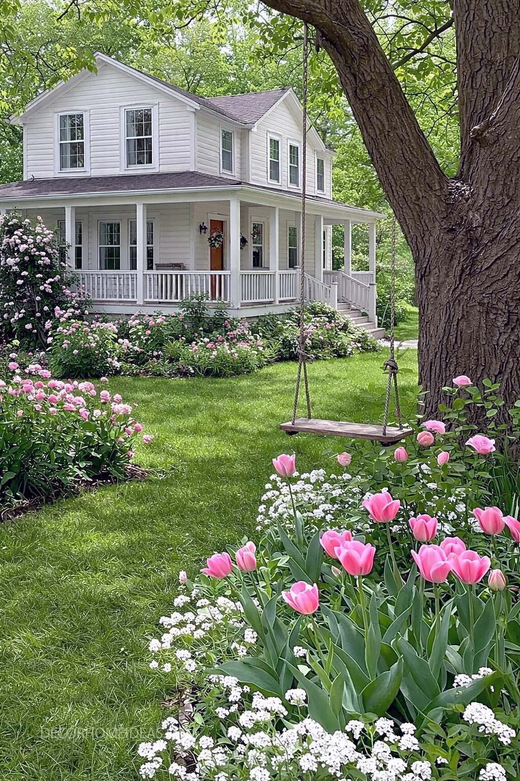 Charming Farmhouse With Wraparound Porch and Spring Garden
