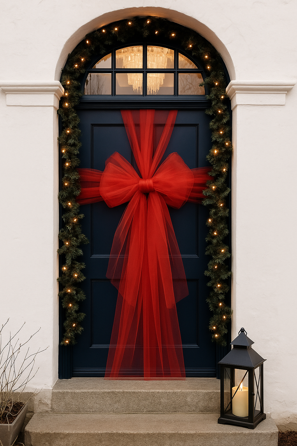 Classic Christmas Front Door with Red Bow & Lantern Magic