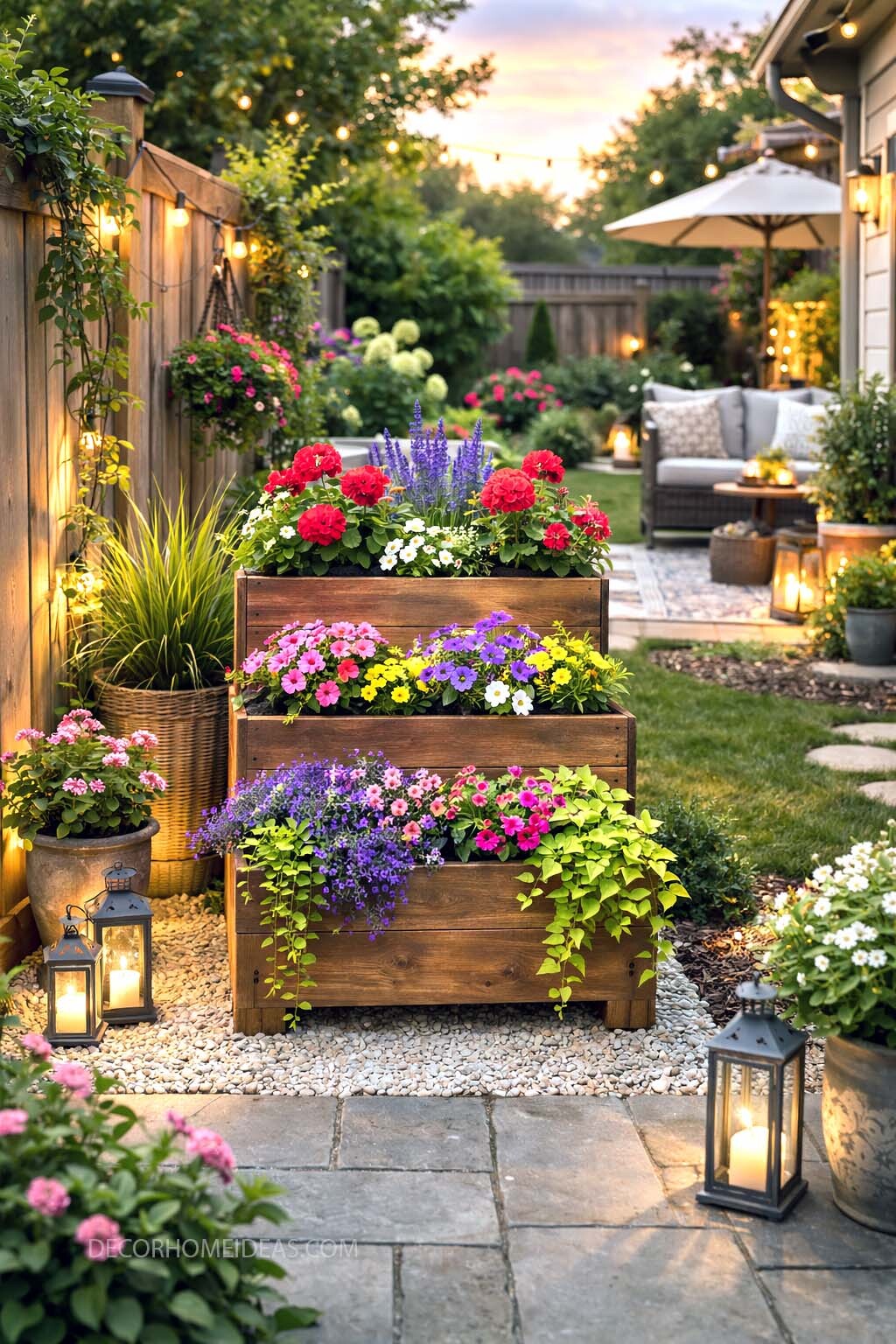 Cozy Backyard Makeover with Tiered Flower Planter and String Lights