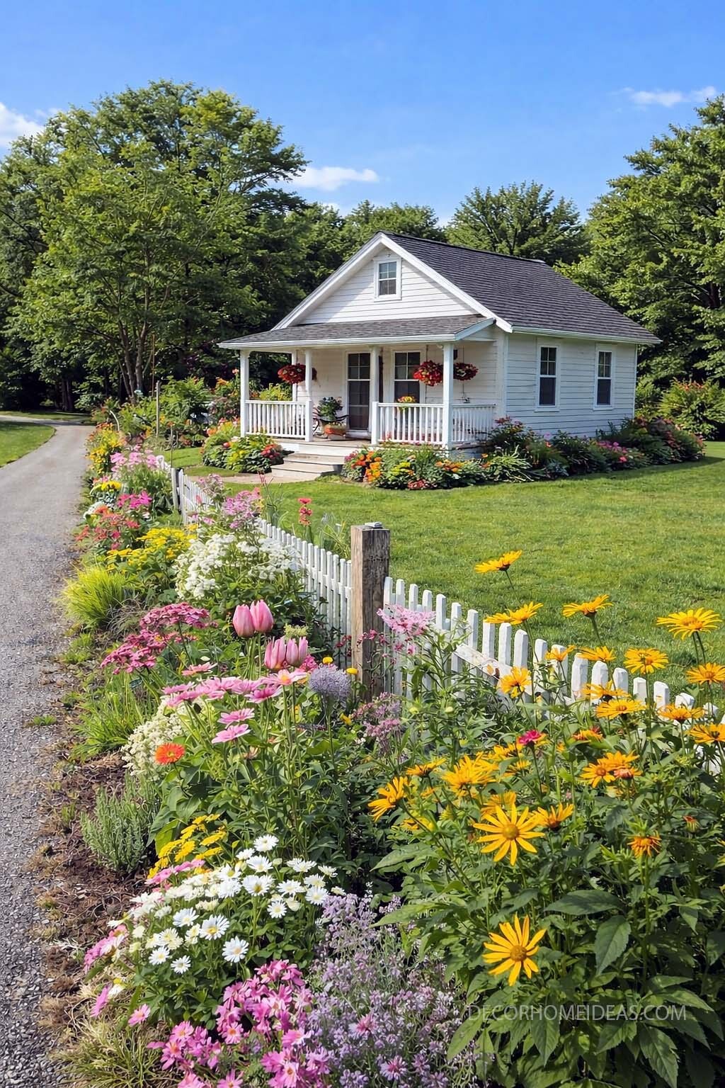 Cozy White Cottage With Colorful Front Yard Flower Garden