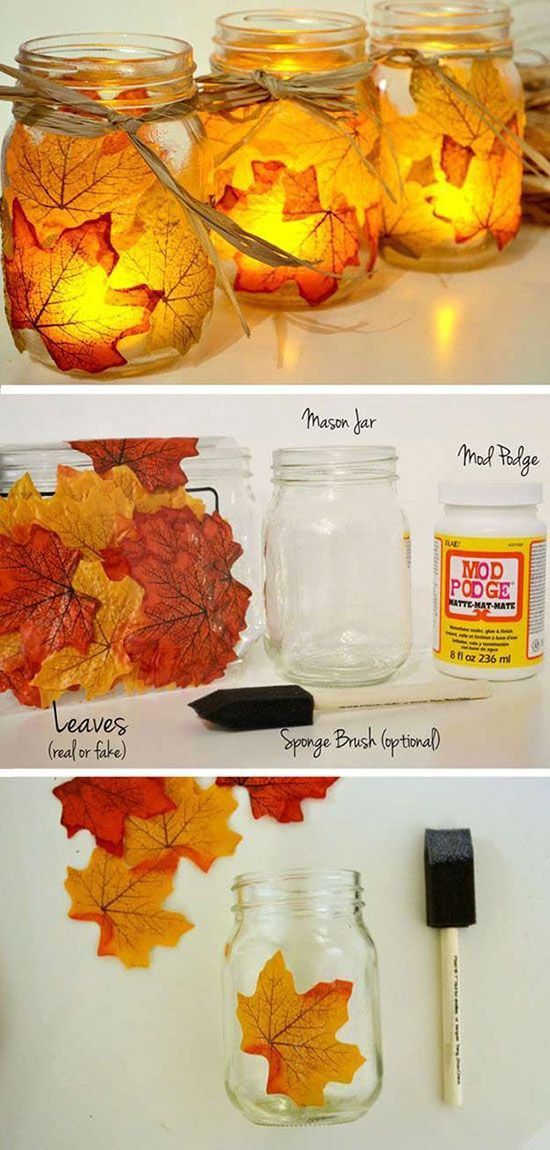 DIY fall decorated jars with leaves #craft #fall #falldecor #falldecorideas #decorhomeideas