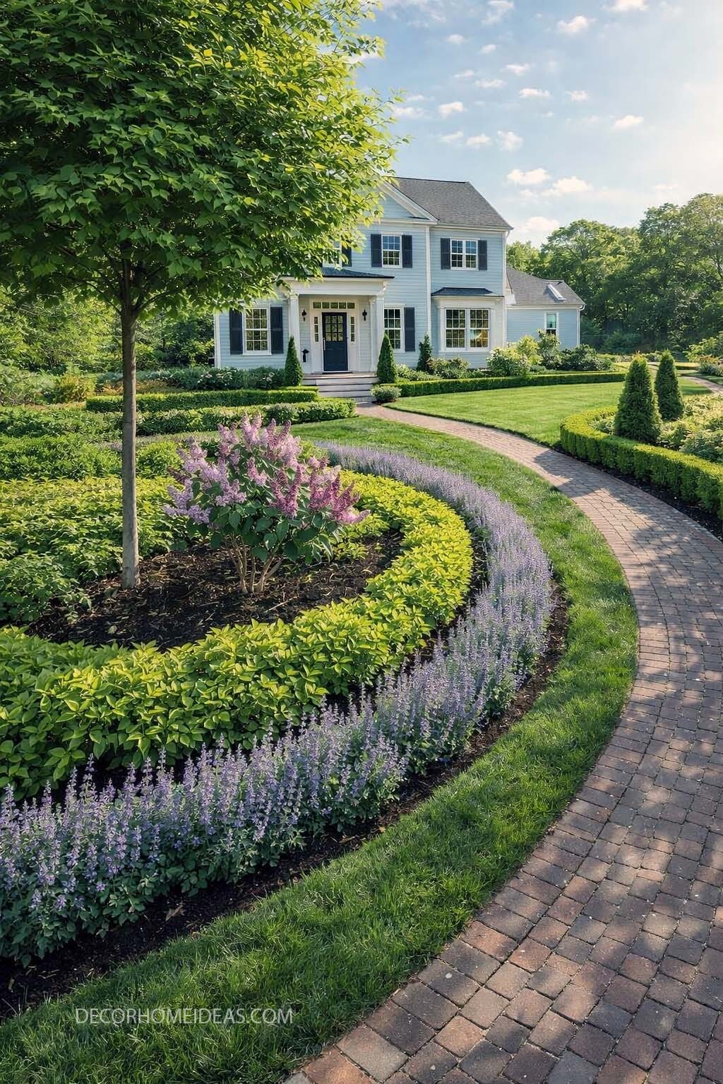 Elegant Front Yard Landscape with Curved Walkway and Layered Hedges