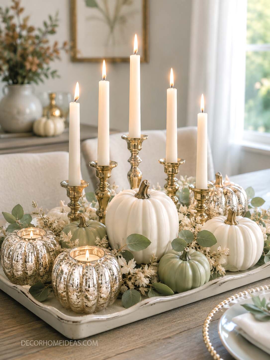 Elegant White Pumpkin and Gold Candle Tablescape