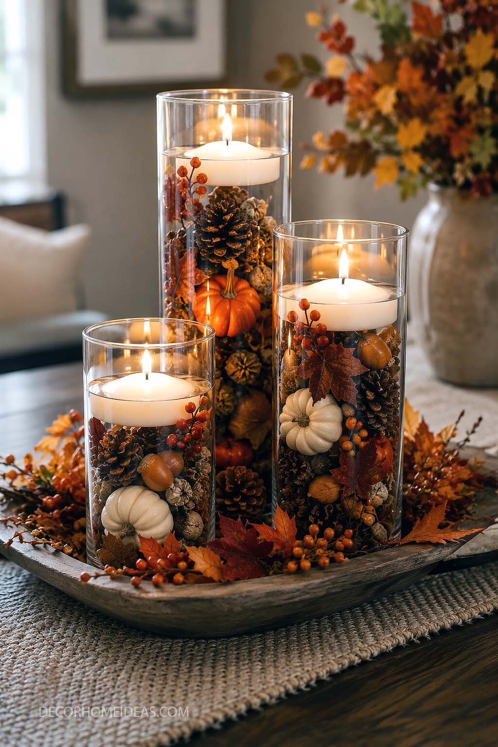 Floating Candle Fall Centerpiece with Mini Pumpkins