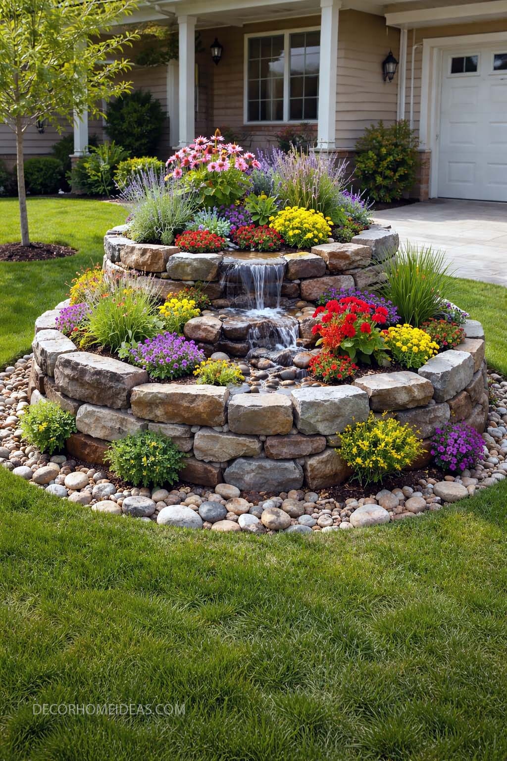 Front Yard Tiered Rock Flower Bed with Waterfall Feature