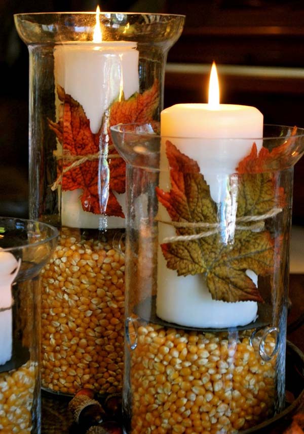 Glass container corn candle decor #falldecor #fallideas #candles #candlesdecor #decorhomeideas