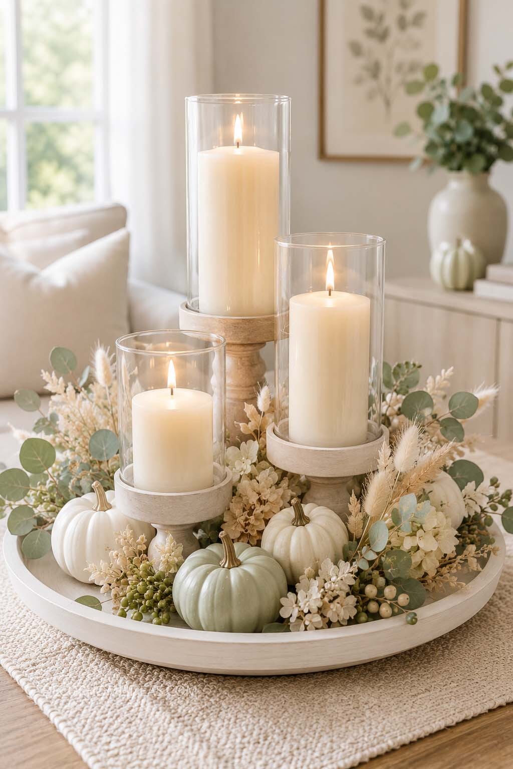 Neutral Fall Candle Centerpiece with Eucalyptus