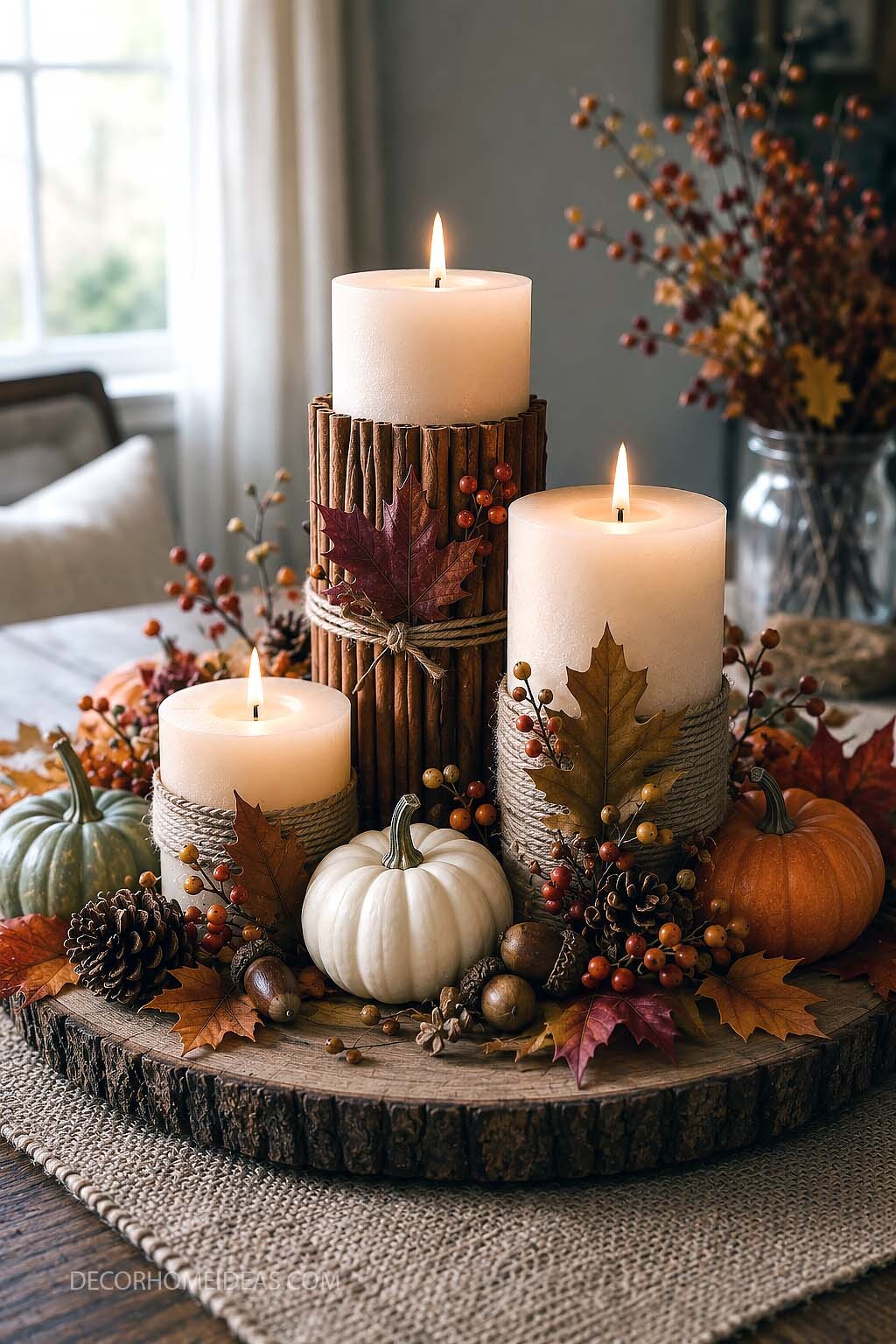 Rustic Cinnamon and Leaf Candle Centerpiece