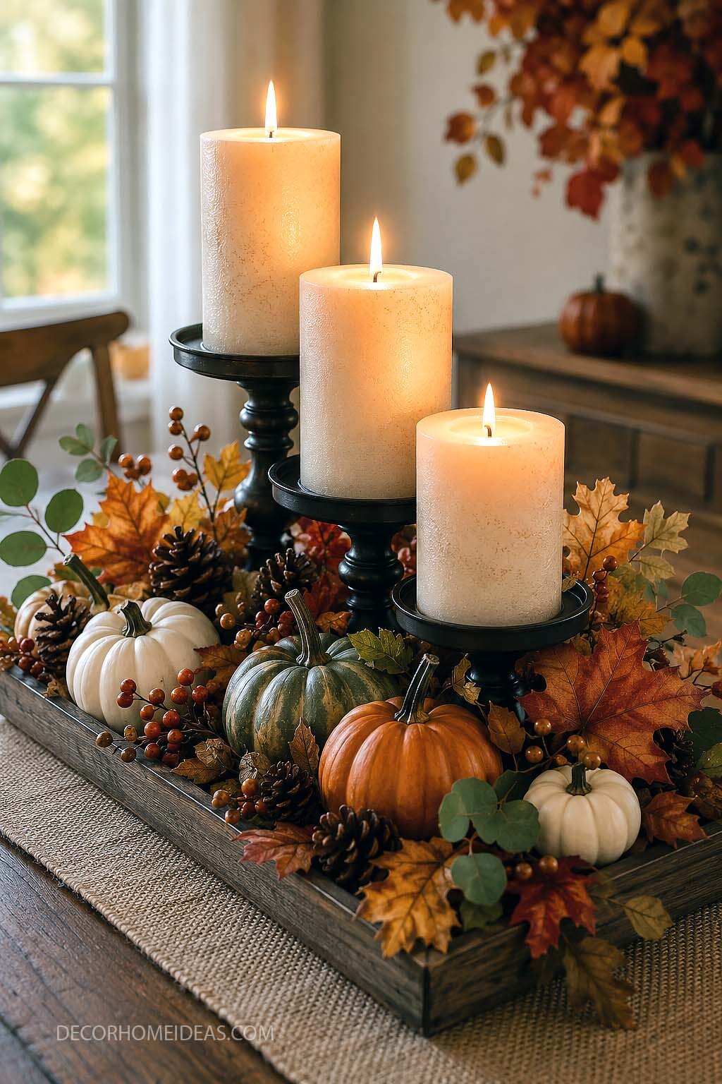 Rustic Fall Candle Centerpiece with Pumpkins and Autumn Leaves