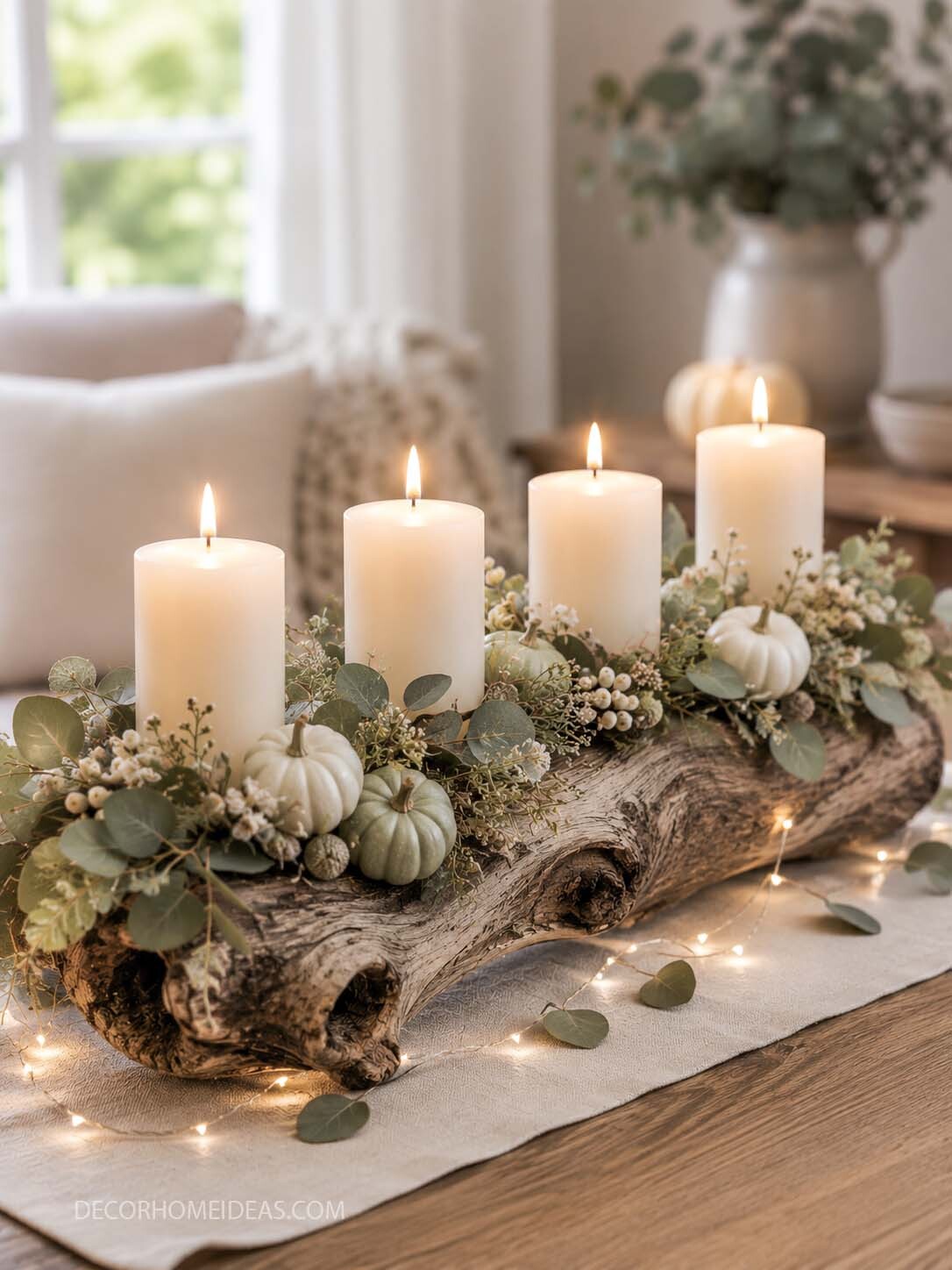 Rustic Log Candle Centerpiece with White Pumpkins