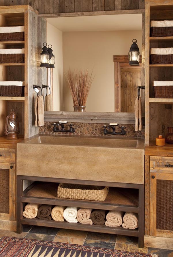 Rustic bathroom with concrete trough sink