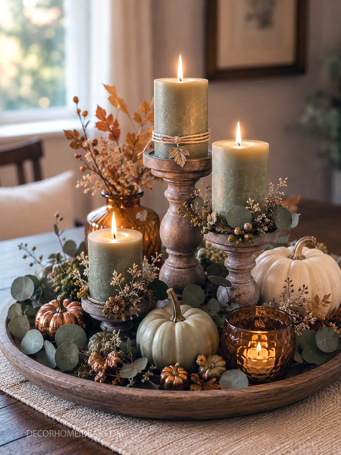 Sage Green Candle and Pumpkin Fall Centerpiece
