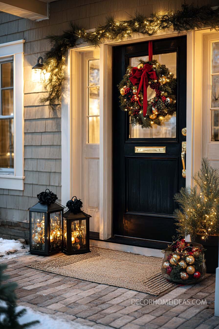 Warm & Welcoming Christmas Porch with Black Door & Lantern Glow
