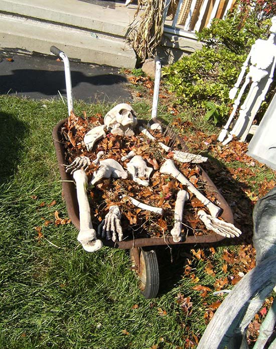 Wheelbarrow Skeleton Halloween decoration #halloweendecorations #halloween #diyhalloween #halloweendecor #decorhomeideas