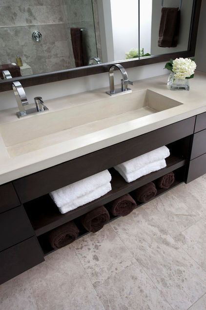 Featured image of post Double Trough Sink Bathroom Vanity / White (light gray?) cabinets support sand beige stone tops that seamlessly fade into gray wall tiles.