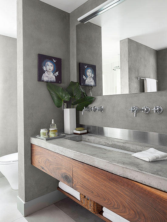 Concrete trough sink with wooden vanity #troughsink #bathroom #sink #concretesink #bathroomideas #decorhomeideas