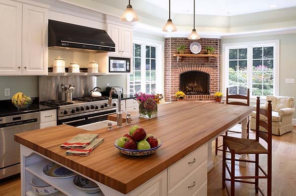 Brick corner fireplace in kitchen #fireplace #fireplaceideas #corner #decorhomeideas