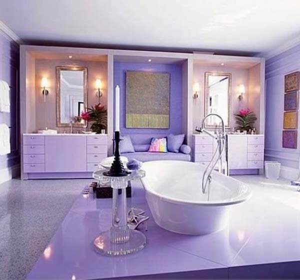 Center bathtub purple bathroom #purplebathroom #purple #bathroom #lavender #bathroomideas #decorhomeideas