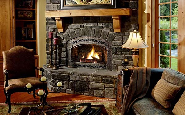 Corner Stone Fireplace Log Cabin Interior #fireplace #fireplaceideas #corner #decorhomeideas