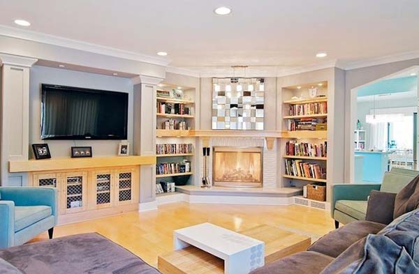 Corner fireplace with bookshelves on each side #fireplace #fireplaceideas #corner #decorhomeideas