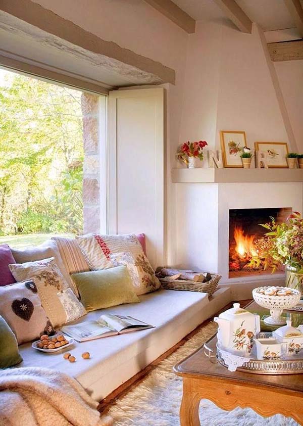 Cozy living room with corner fireplace and big window #fireplace #fireplaceideas #corner #decorhomeideas