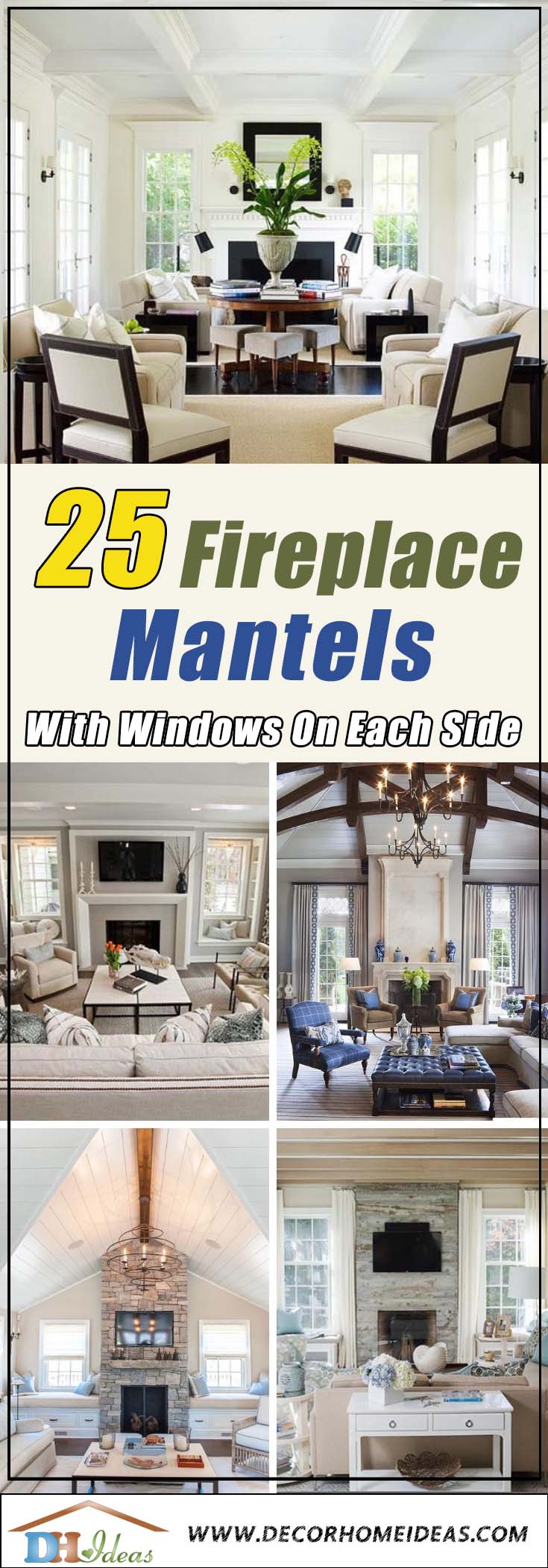 Fireplace mantel ideas with windows on each side. Mantels with seating or doors on both sides. #fireplacemantel #fireplace #mantel #homedecor #decorhomeideas