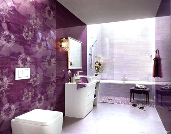 Glossy purple bathroom wall tile decor #purplebathroom #purple #bathroom #lavender #bathroomideas #decorhomeideas