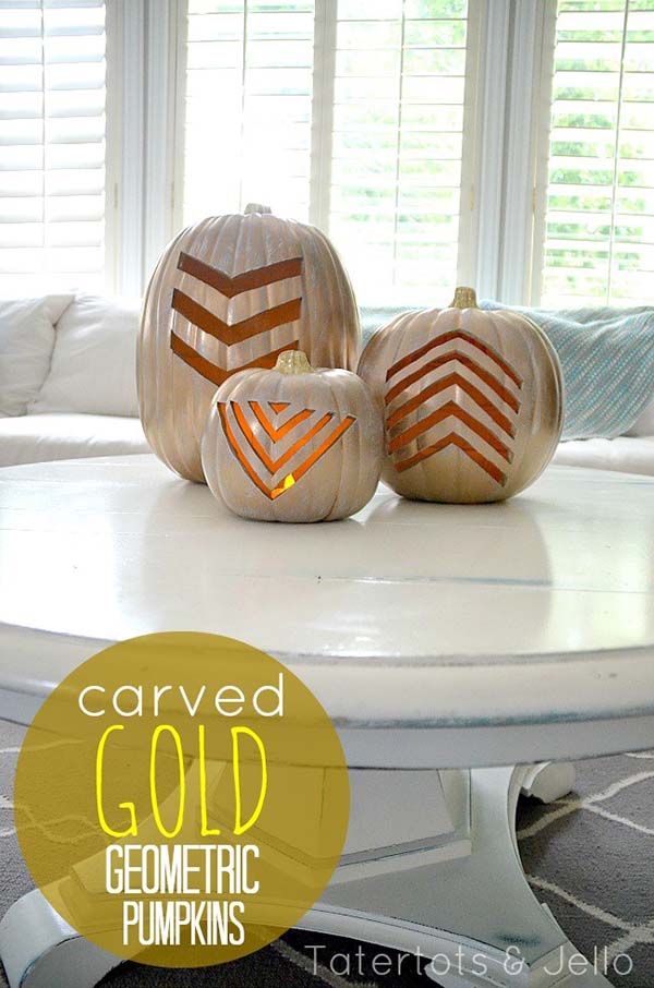 Gold Geometric Carved Pumpkins #pumpkin #carving #halloween #falldecor #decorhomeideas