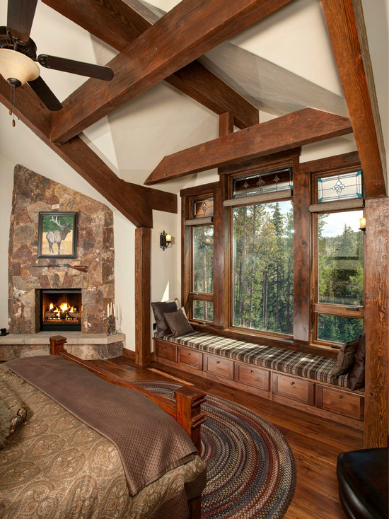 Mountain Log House Interior With Corner Fireplace and Reading Nook #fireplace #fireplaceideas #corner #decorhomeideas