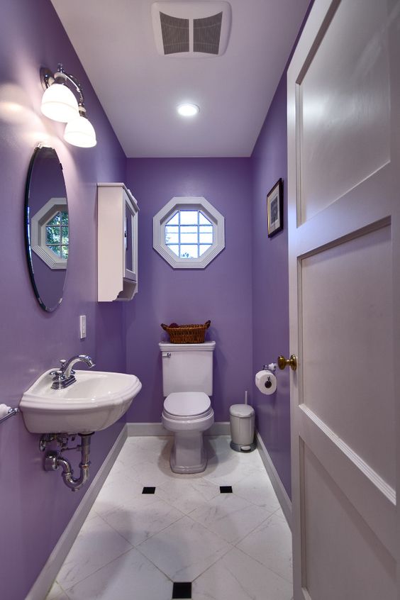 Narrow purple bathroom paint color #purplebathroom #purple #bathroom #lavender #bathroomideas #decorhomeideas