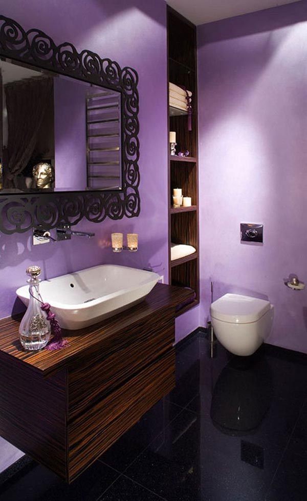 Purple bathroom with dark wood vanity #purplebathroom #purple #bathroom #lavender #bathroomideas #decorhomeideas