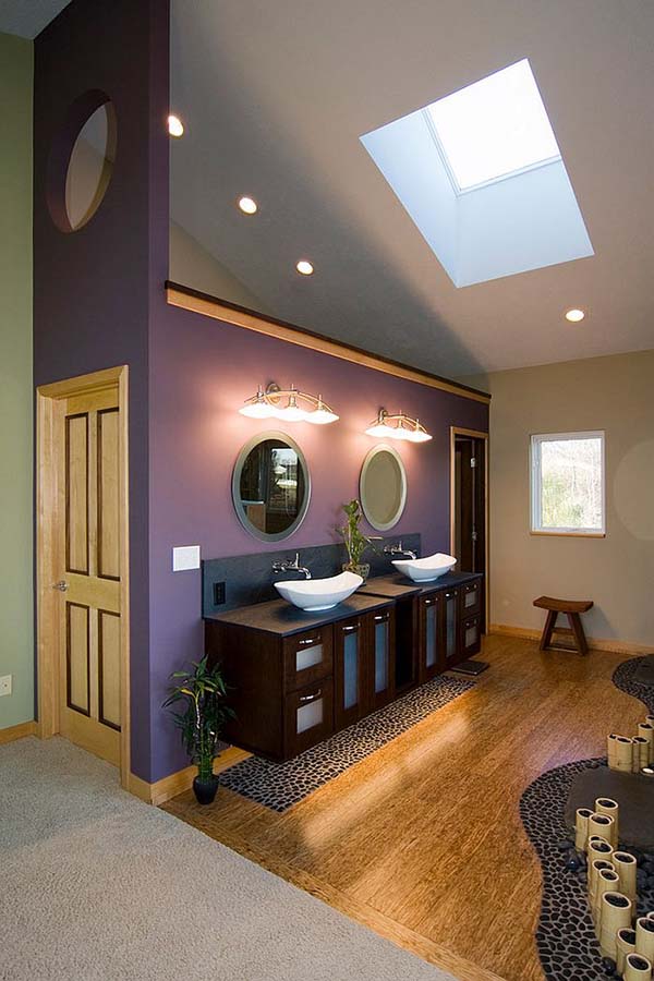 Creatice Purple And White Bathroom for Large Space