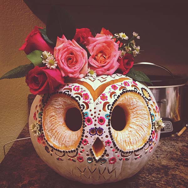 Sugar Skull Owl Carved Pumpkin #pumpkin #carving #halloween #falldecor #decorhomeideas