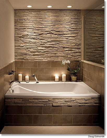 Bathroom tub ideas with Stone tile Wall