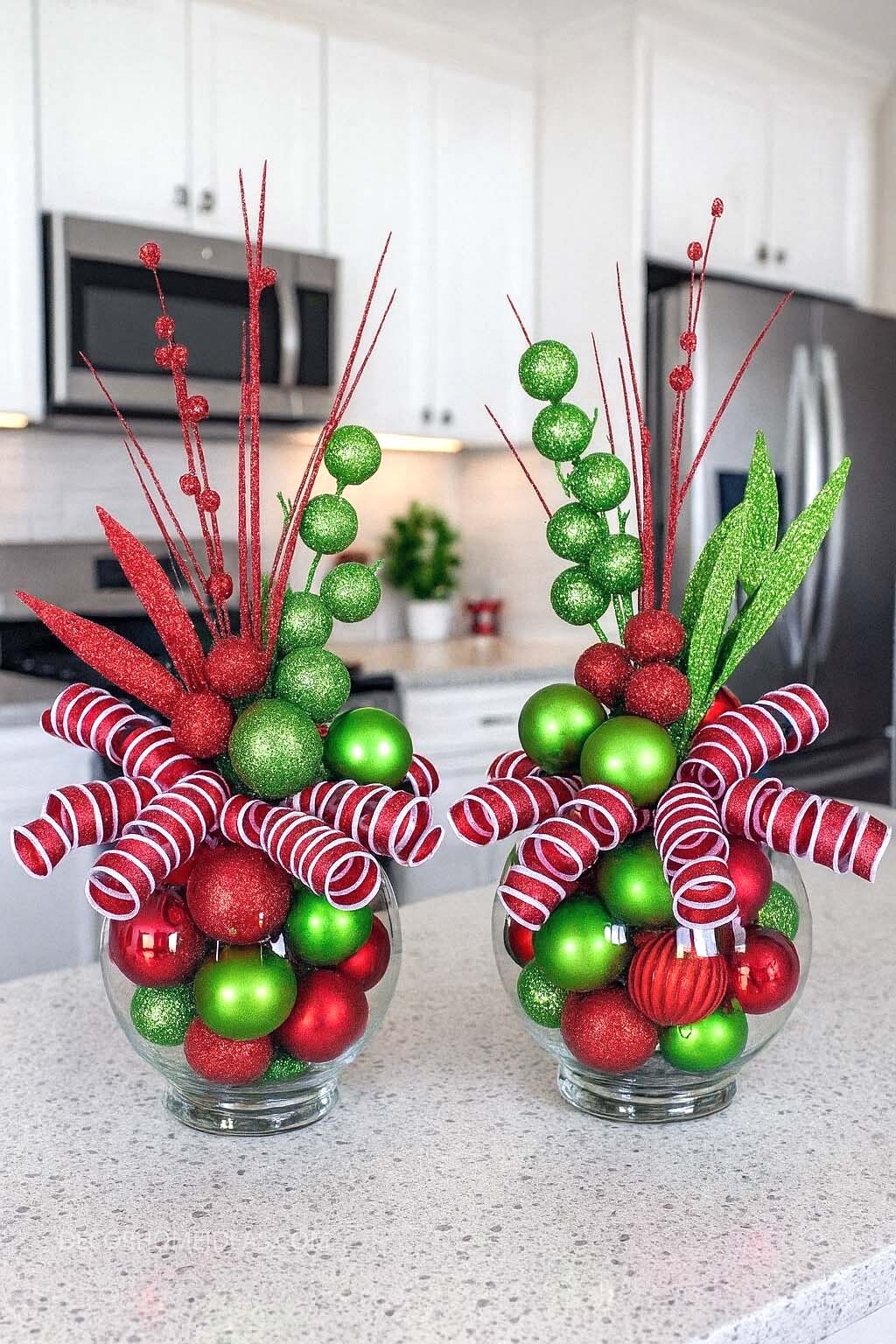 Bold Red & Green Christmas Centerpieces with Ornaments and Ribbon