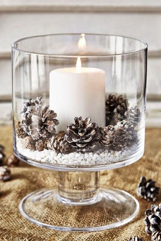 Candle In Glass Christmas Centerpiece #Christmas #Christmasdecor #pinecones #crafts #decorhomeideas