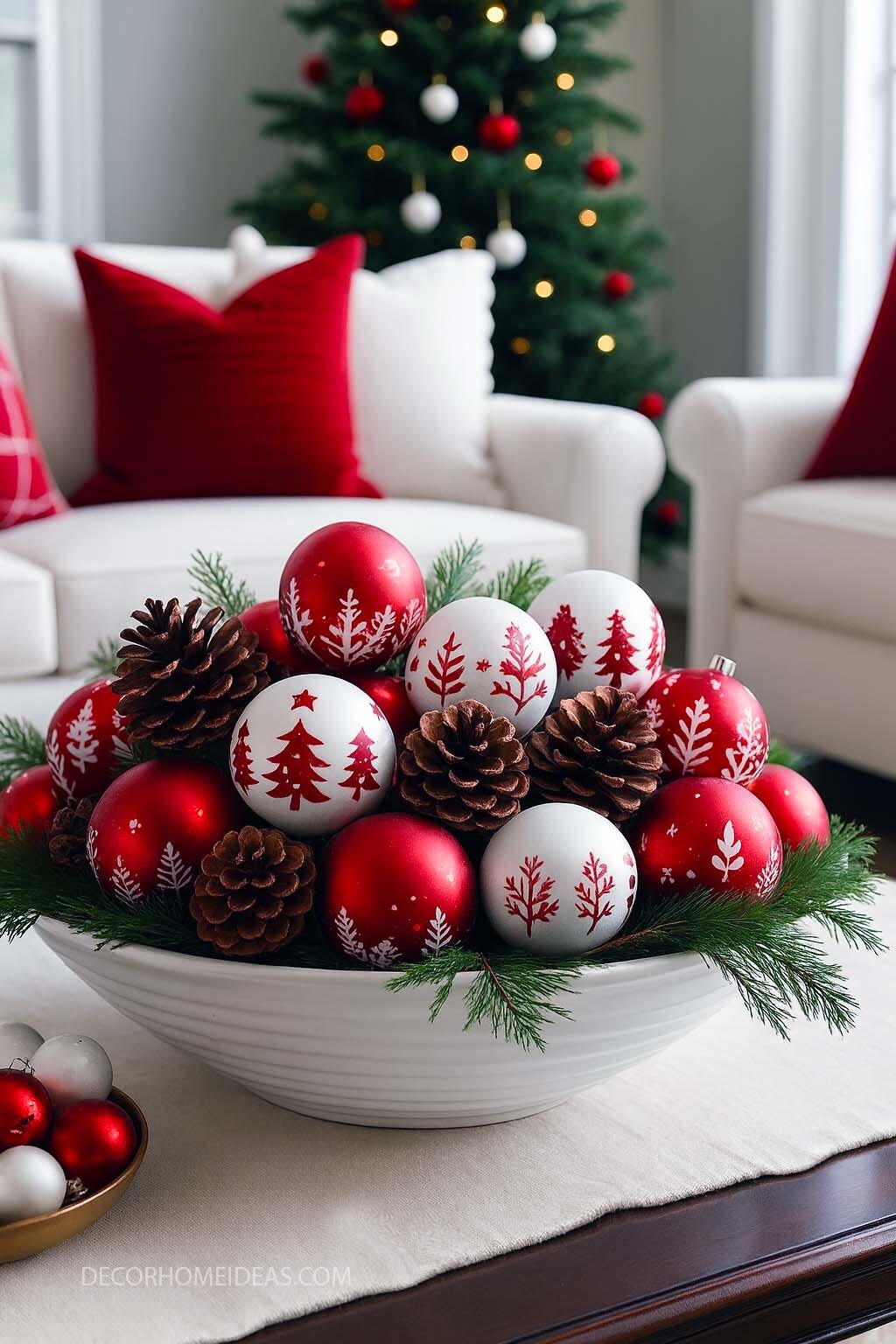 Christmas Bowl Centerpiece with Pinecones and Patterned Ornaments