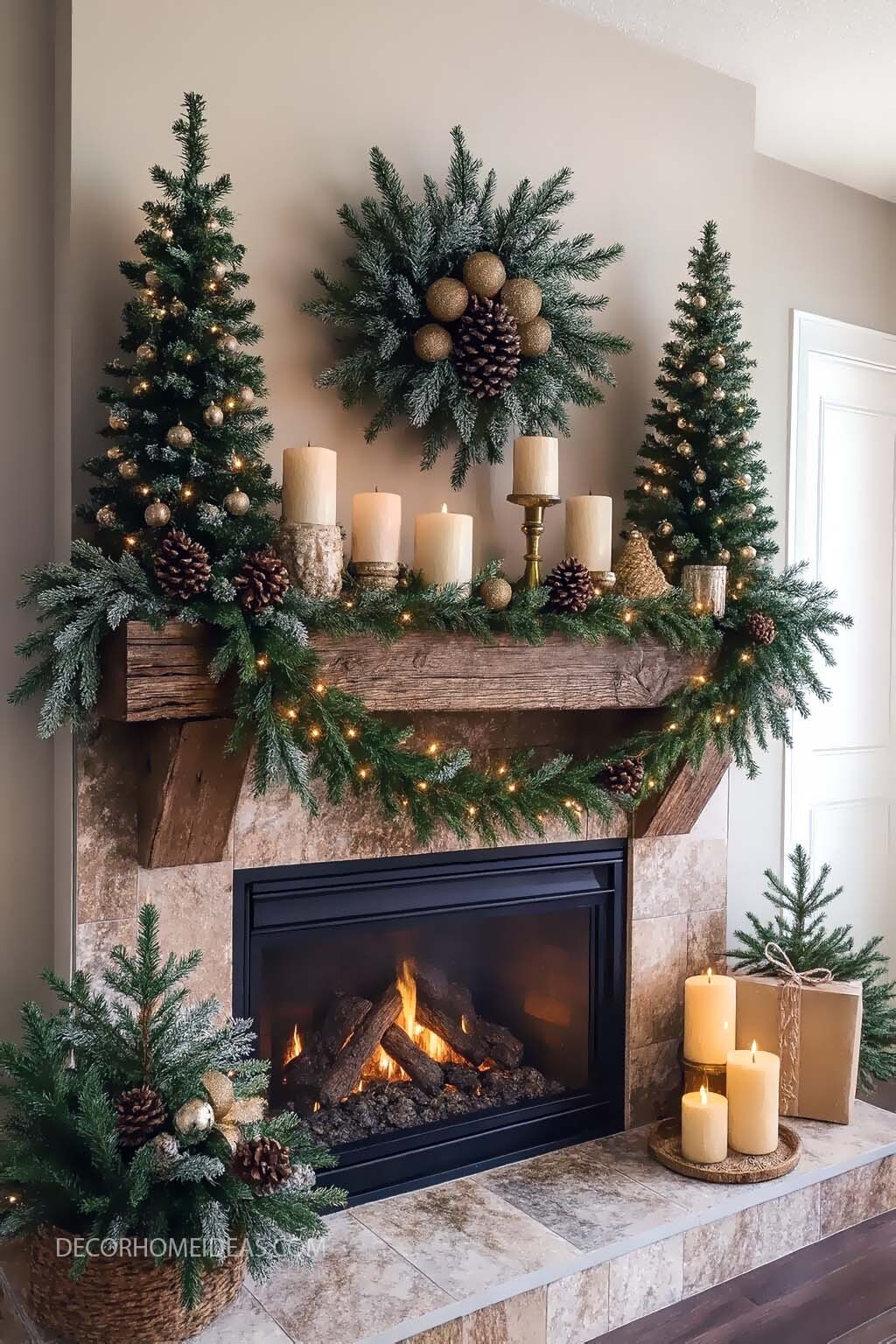 Christmas Fireplace Garland with Gold Accents and Candle Glow