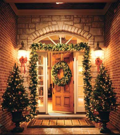 Christmas Front Door Decor With Topiaries