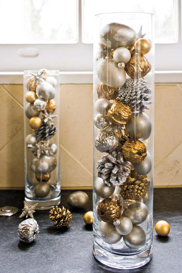 Christmas Glass Cylinders Filled With Gold And Silver-Ornaments