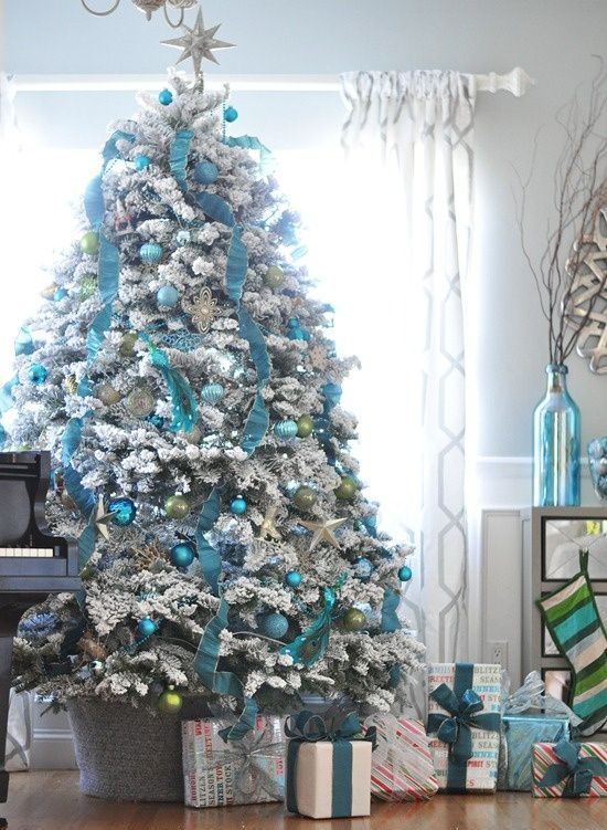 Christmas Tree Decorated in Turquoise Blue Silver