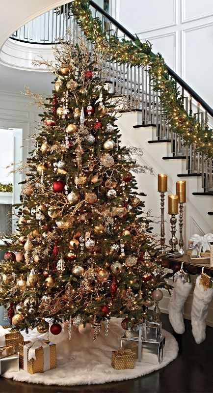 Classic Christmas Tree Staircase Decoration #Christmasdecor #staircase #stairs #stairway #Christmas #decorhomeideas