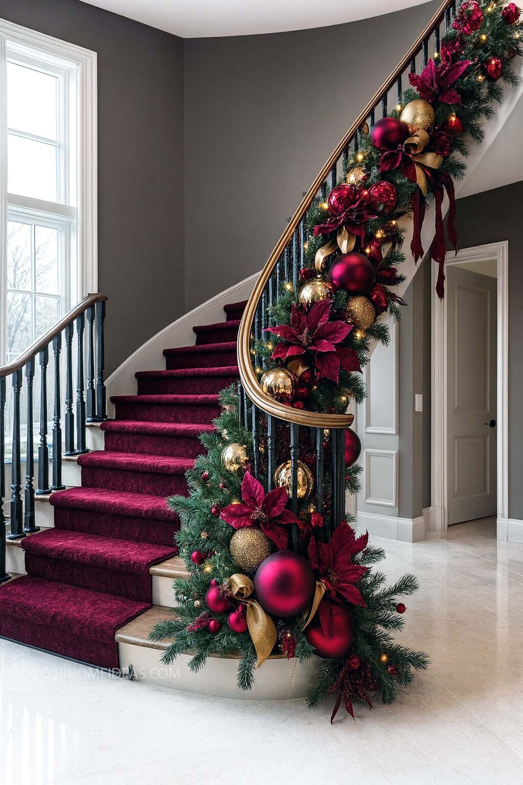 Classic Red and Gold Christmas Staircase Decor