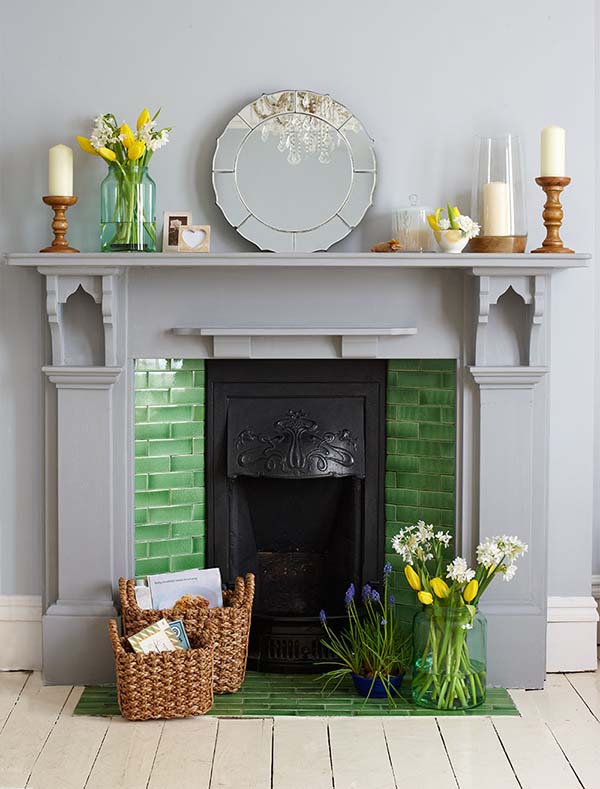 Country Decorated Fireplace Wtih Green Tiles #fireplace #fireplacedesign #tile #fireplacetile #decorhomeideas