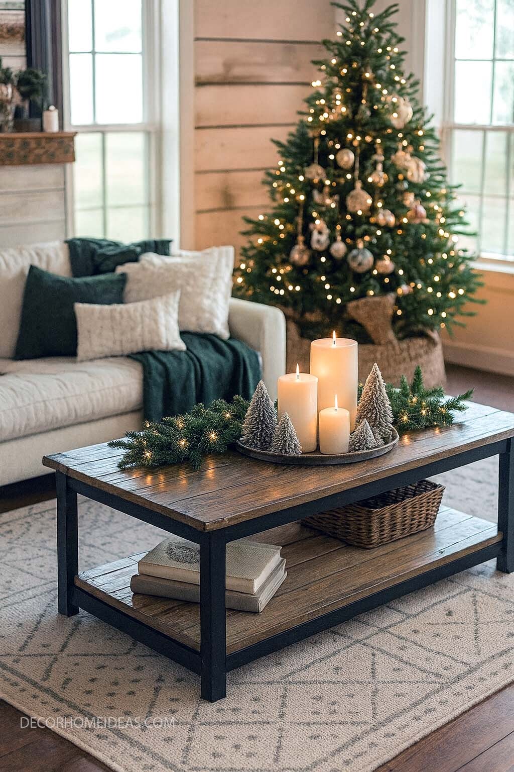 Cozy Christmas Living Room Decor with Rustic Candle Centerpiece