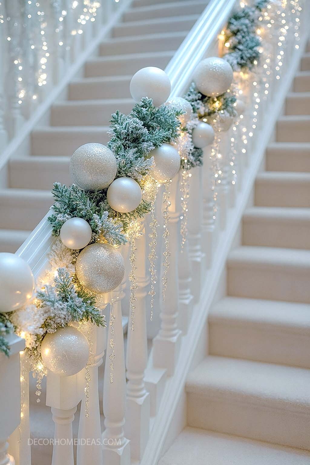 Cozy White Christmas Staircase with Lights and Garland