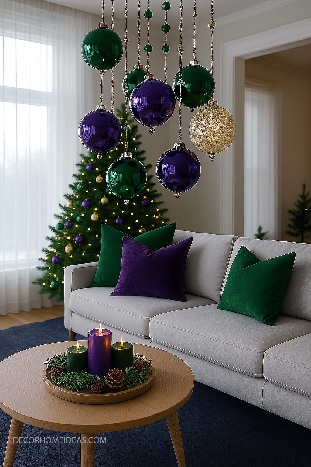Elegant Christmas Living Room with Purple, Green & Gold Accents