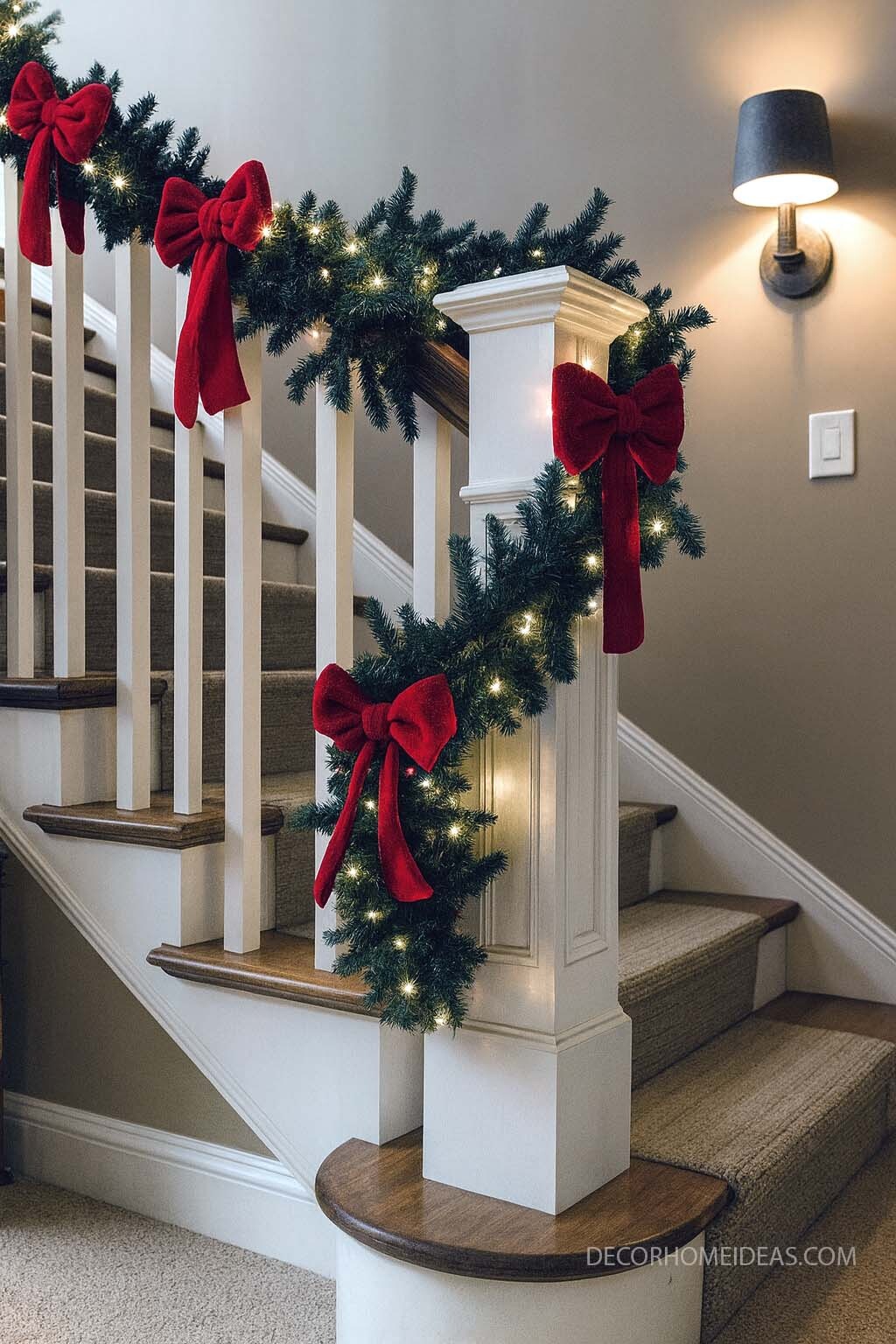 Elegant Christmas Staircase Garland with Red Bows