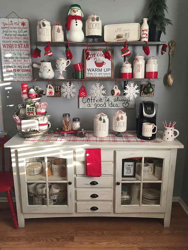 Farmhouse Christmas Kitchen Decorated Coffee Bar #coffeebar #coffeestation #decorhomeideas