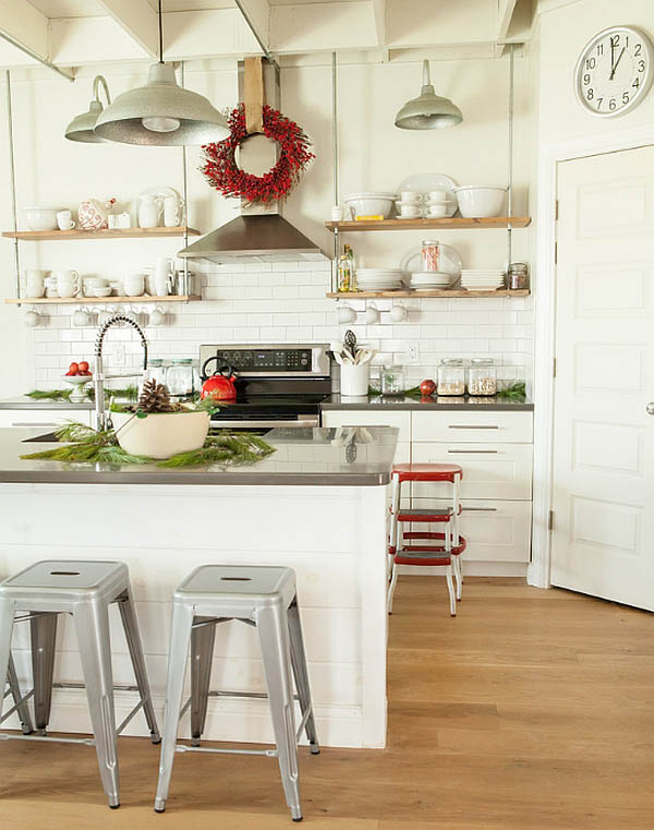 Farmhouse Open Shelves Christmas Kitchen #Christmas #Christmasdecor #kitchen #Christmaskitchen #decorhomeideas